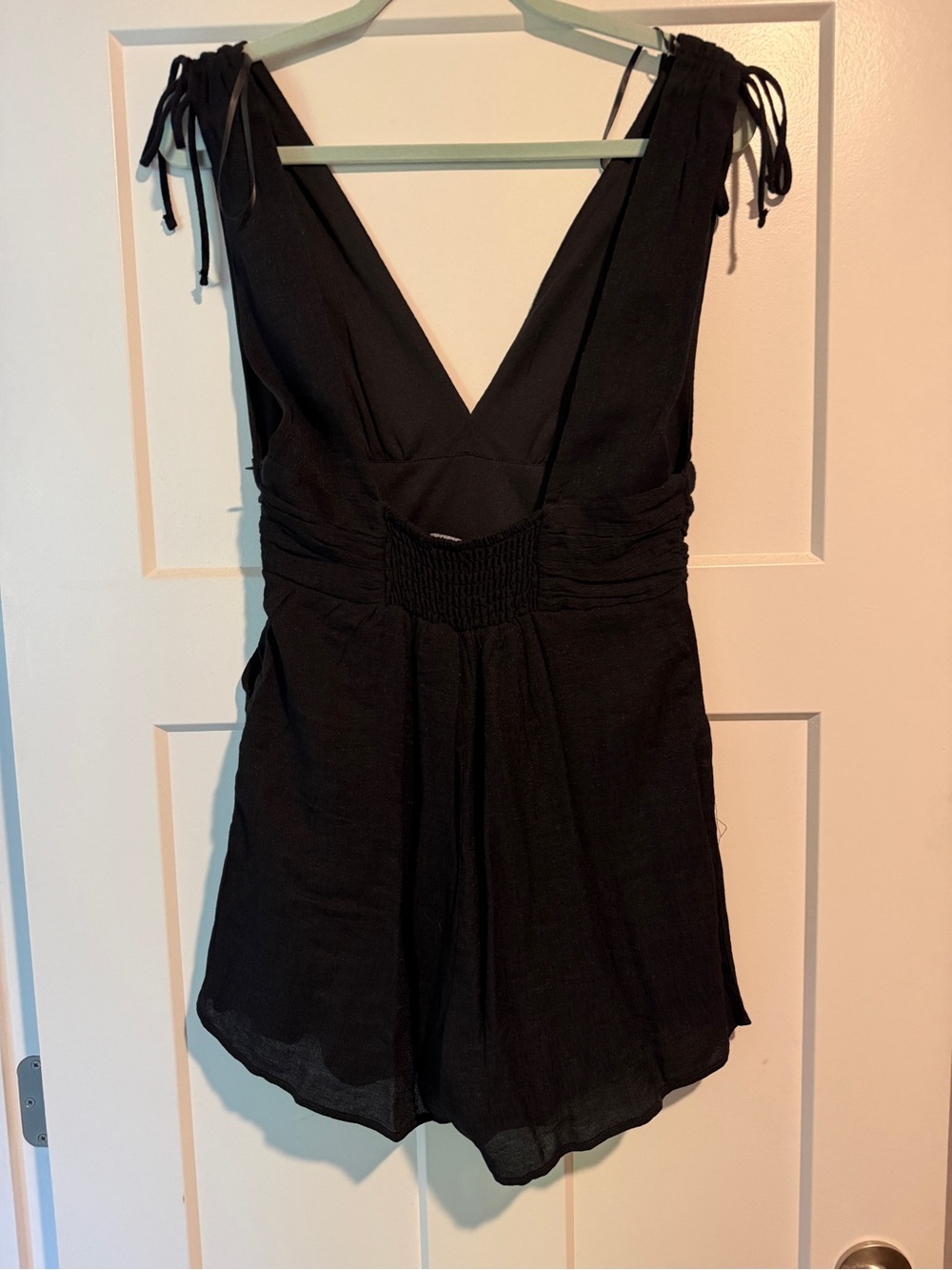 one clothing Black Deep V Tie-Shoulder Romper with Smocked Waist